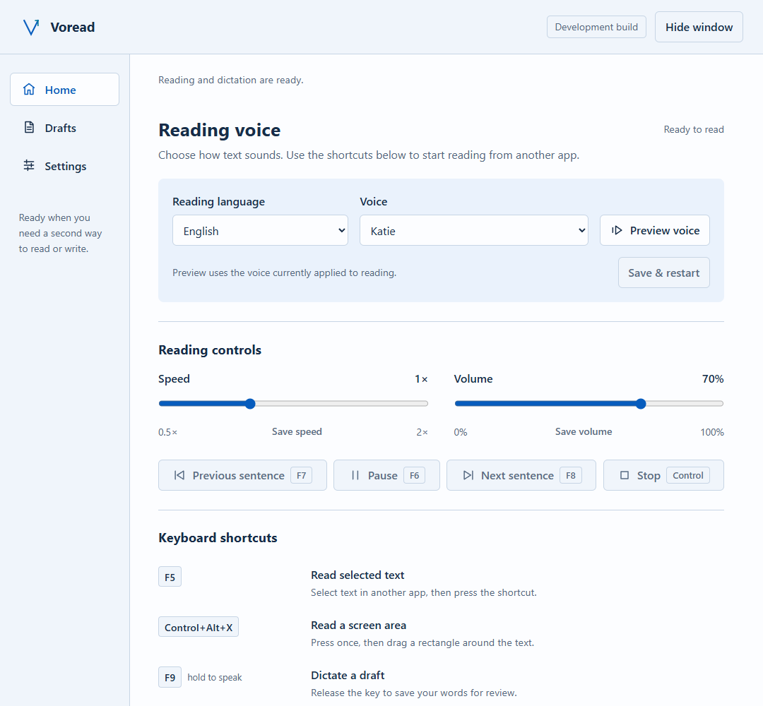 Voread Windows app showing Home, Drafts and Settings navigation, reading language and voice choices, speed and volume controls, and visible F5, F6, F7 and F8 shortcut labels.